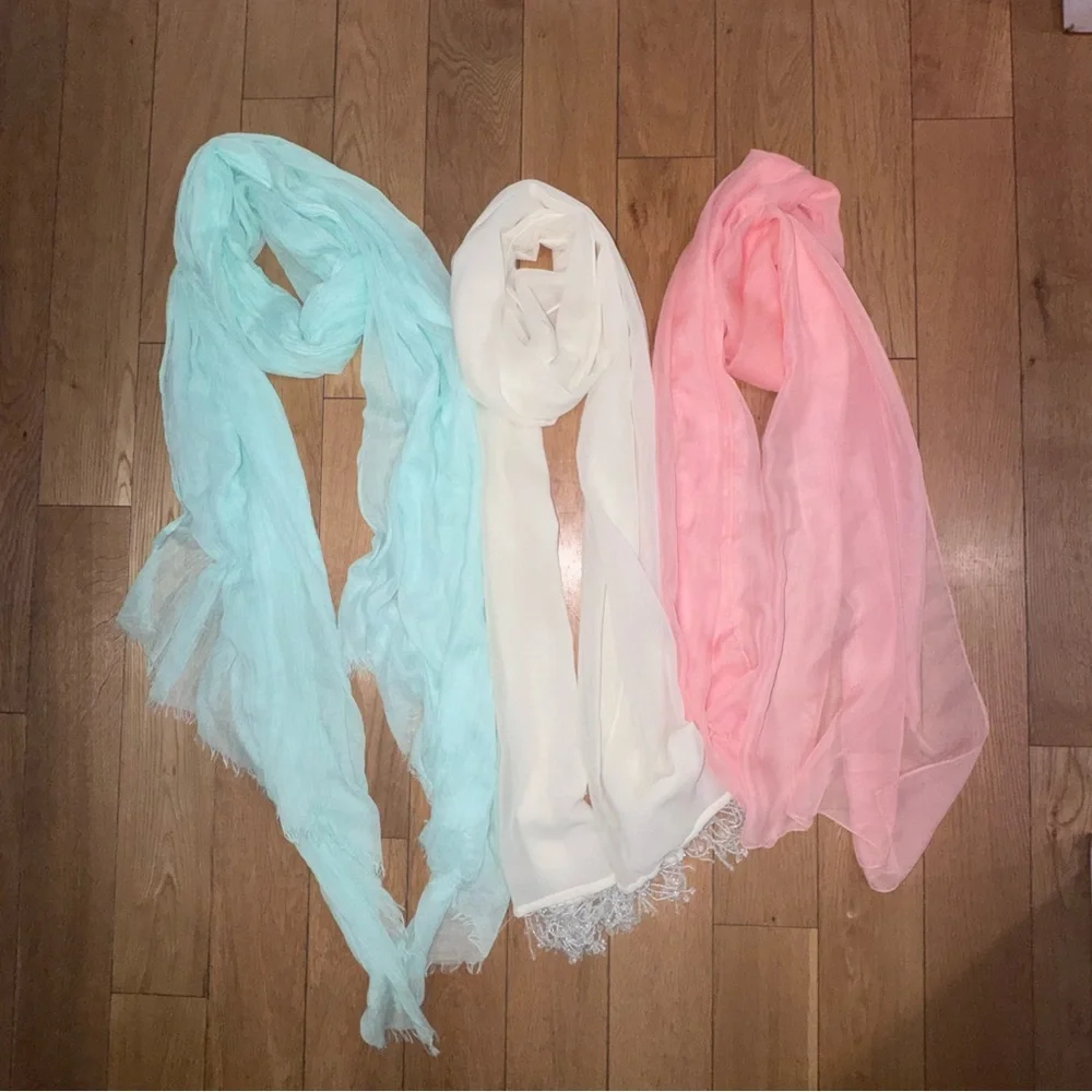 3 Elegant Shear Scarves- Lightweight Scarf Trio in Mint, Cream & Pink